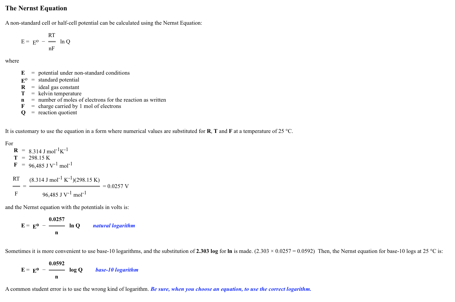 Solved The Nernst Equation A non-standard cell or half-cell | Chegg.com