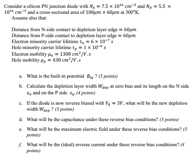 Solved Consider a silicon PN junction diode with NA = 7.5 | Chegg.com