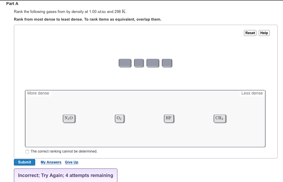 Solved Rank the following gases from by density at 1.00 atm | Chegg.com