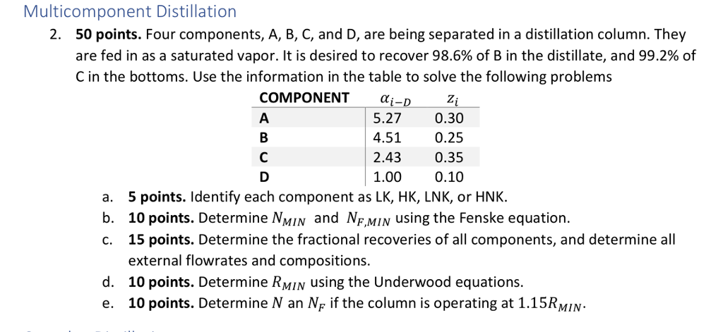 Multicomponent Distillation 50 points. Four | Chegg.com