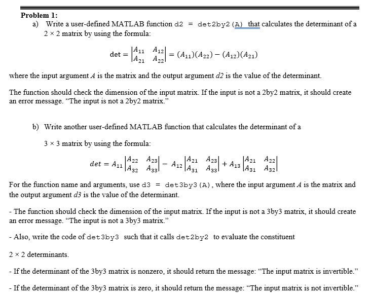 Solved Problem 1: that calculates the determinant of a write | Chegg.com