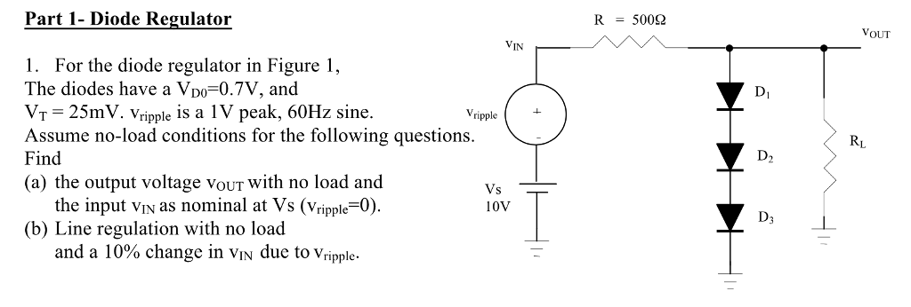 Solved For the diode regulator in Figure 1 The diodes have Circuit Diagram