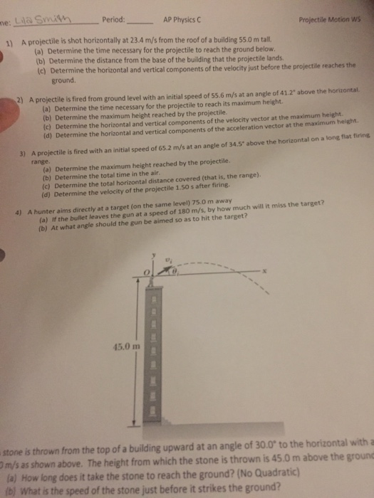 Solved A projectile is shot horizontally at 23.4 m/s from | Chegg.com