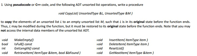 Using pseudo code or C++ code, and the following ADT | Chegg.com