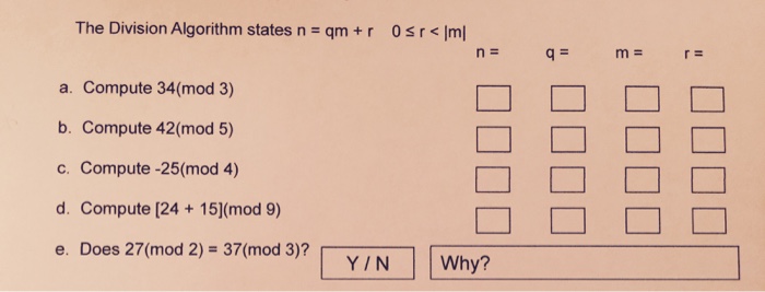 Solved The Division Algorithm states n = qm + r Compute | Chegg.com