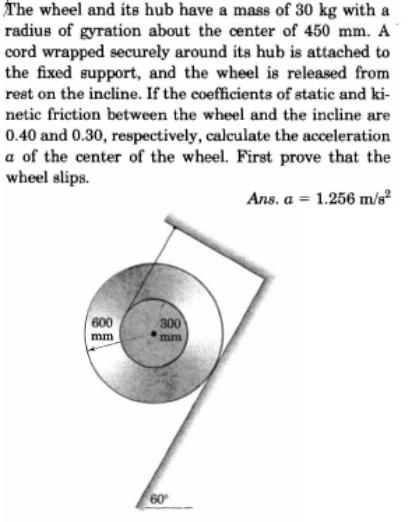 Solved The wheel and its hub have a mass of 30 kg with a | Chegg.com