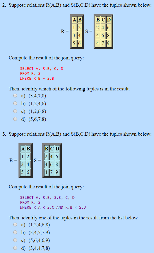 Solved 2. Suppose relations RAB) and S(B·C·D) have the | Chegg.com