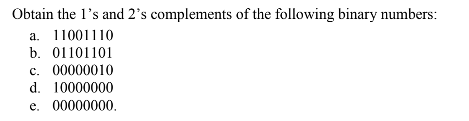 Solved Obtain the 1's and 2's complements of the following | Chegg.com