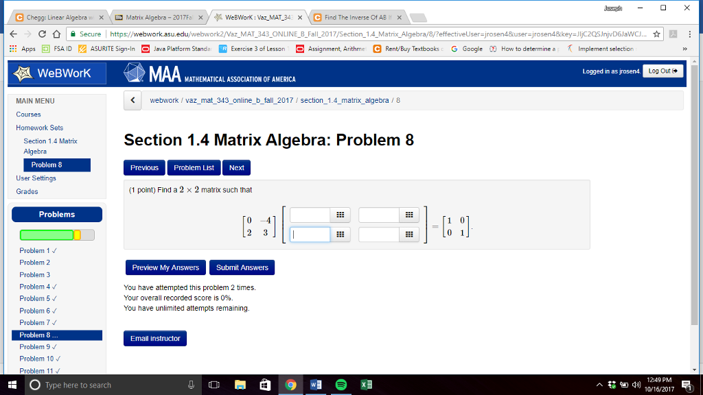 Solved E Chegg: Linear Algebra V. W Matrix Algebro-2017m × | Chegg.com