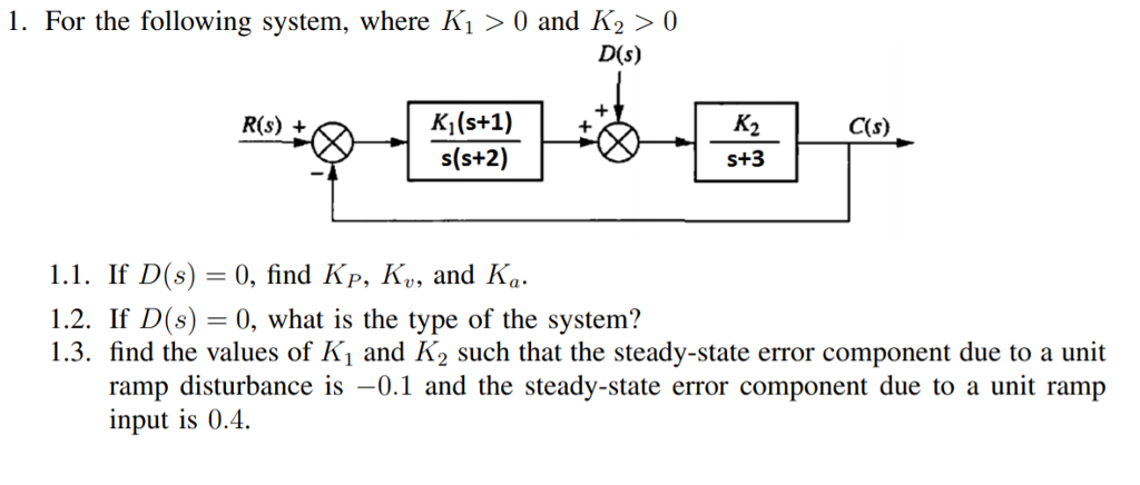 Solved 1. For the following system, where K1 > 0 and K2 ? 0 | Chegg.com