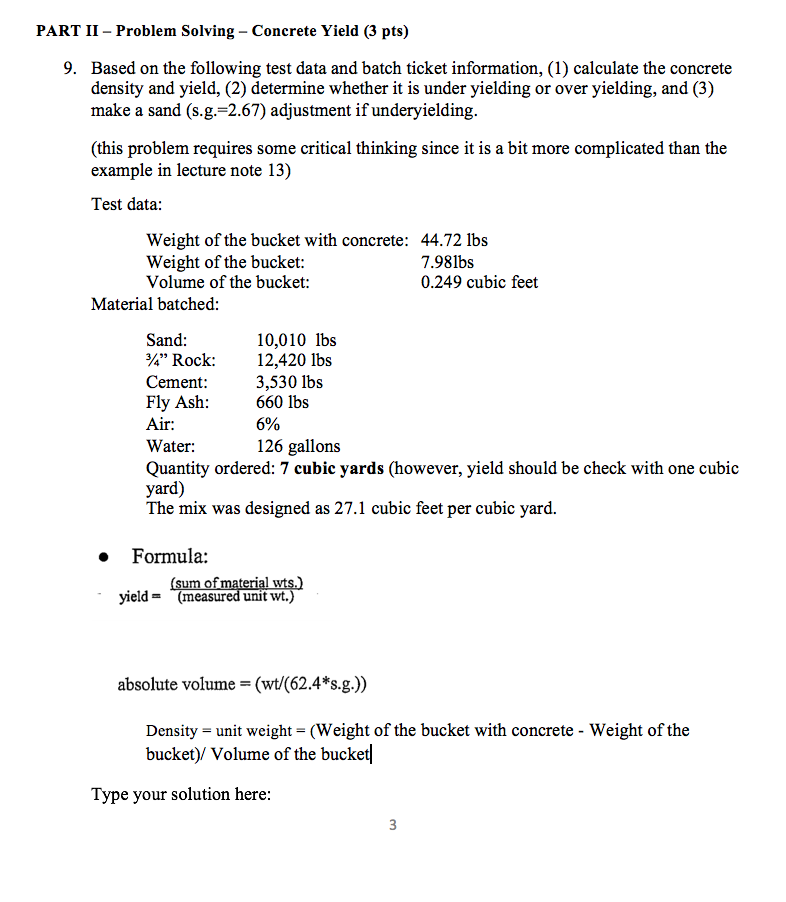 Solved PART II Problem Solving Concrete Yield (3 pts) 9.