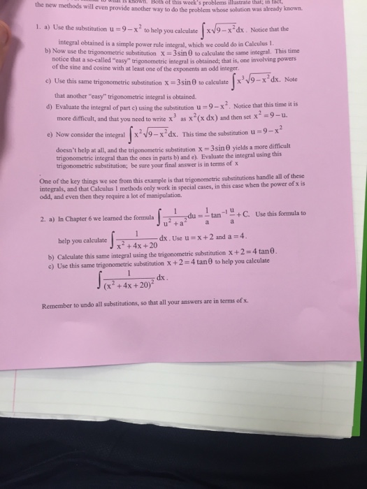Solved use the substitution u 9 x 2 to help you chegg