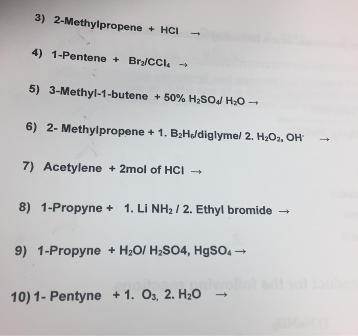 Solved 2-methylpropene + Hcl Rightarrow 1-pentene + 