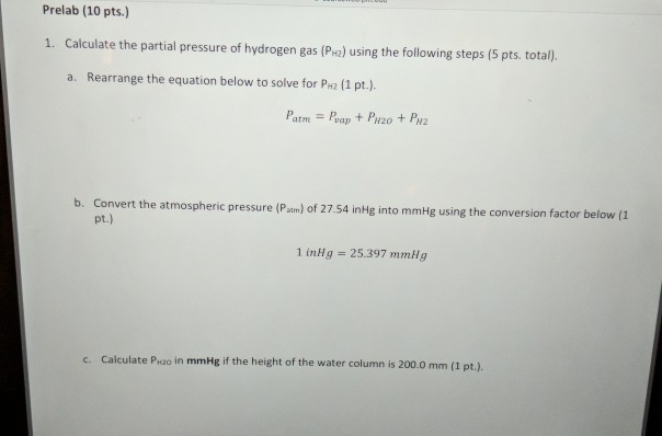 Solved Prelab (10 pts.) 1. Calculate the partial pressure of | Chegg.com