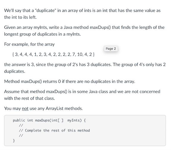 Solved We'll say that a "duplicate" in an array of ints is | Chegg.com