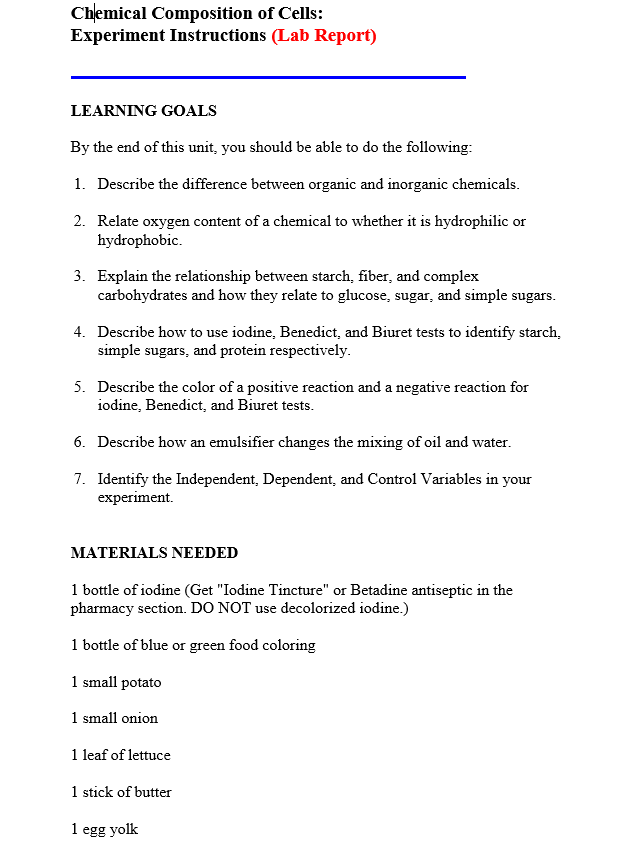 Solved Chemical Composition of Cells Experiment Instructions