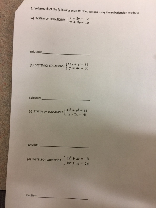 solve the system of equations using the substitution method. 4x 5y=7y=3x 9