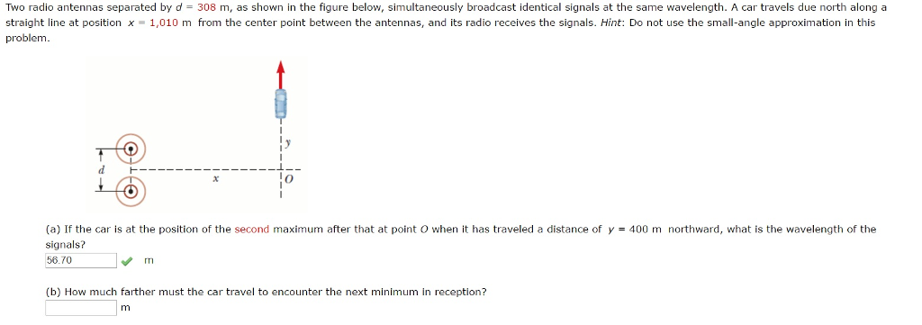 Solved Two radio antennas separated by d = 308 m, as shown | Chegg.com