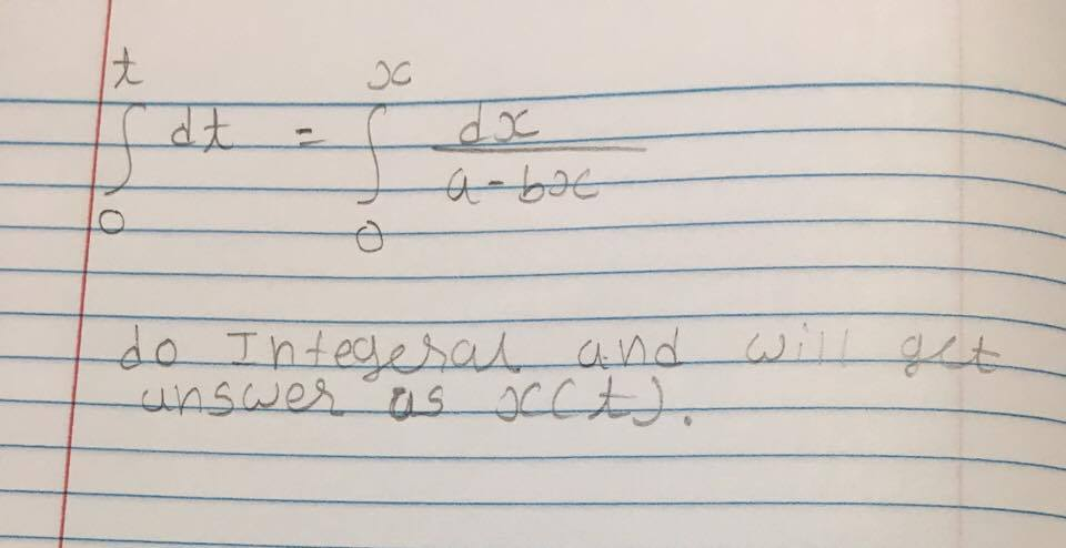 Solved Integral ^t _ 0 dt = integral ^x _ 0 dx/a - bx do | Chegg.com