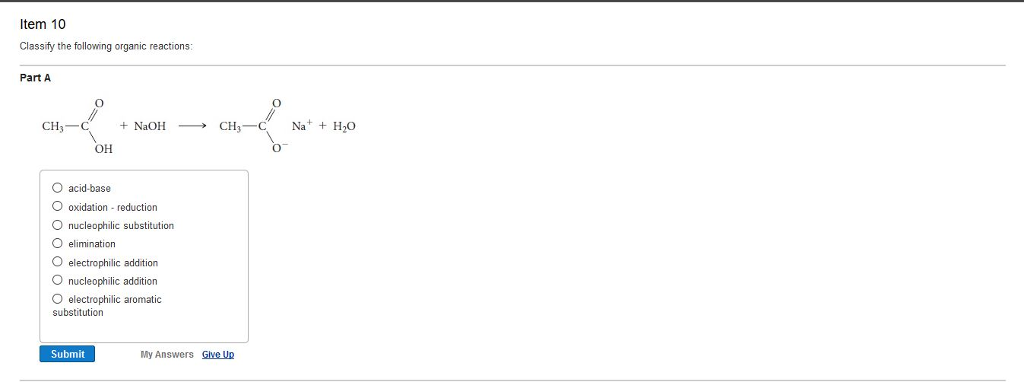 Solved Item 10 Classify the following organic reactions: | Chegg.com