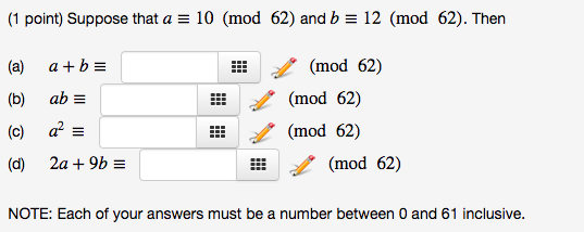 Solved Suppose that a = 10 (mod 62) and b = 12 (mod 62). | Chegg.com