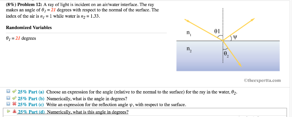 Solved (8%) Problem 12: A ray of light is incident on an | Chegg.com