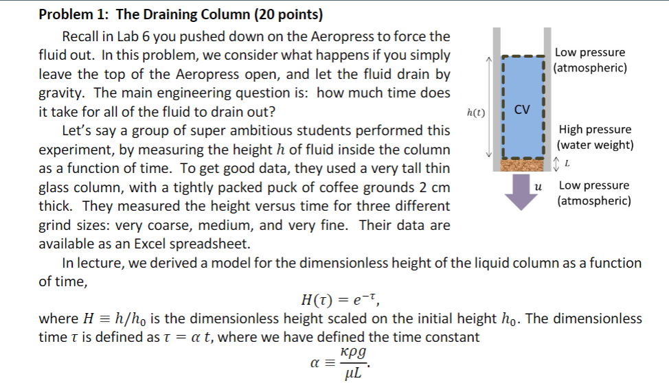 Problem 1 The Draining Column (20 points) Recall in