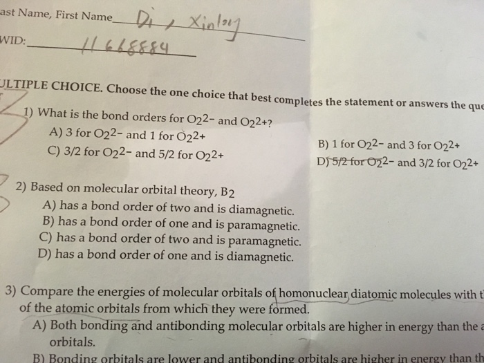 Solved Could you tell me what the bond order is and answer | Chegg.com