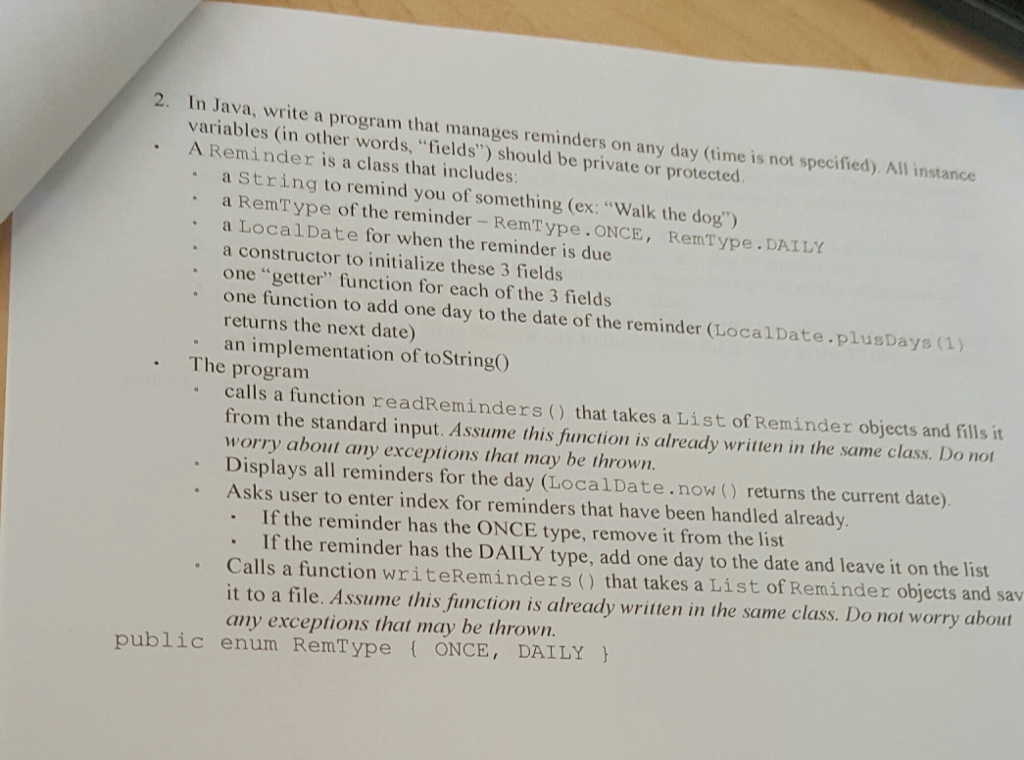 Solved In Java, write a program that manages reminders on | Chegg.com