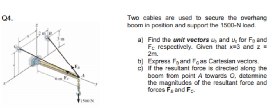 Solved Q 4 . Two cables are used to secure the overhang boom | Chegg.com