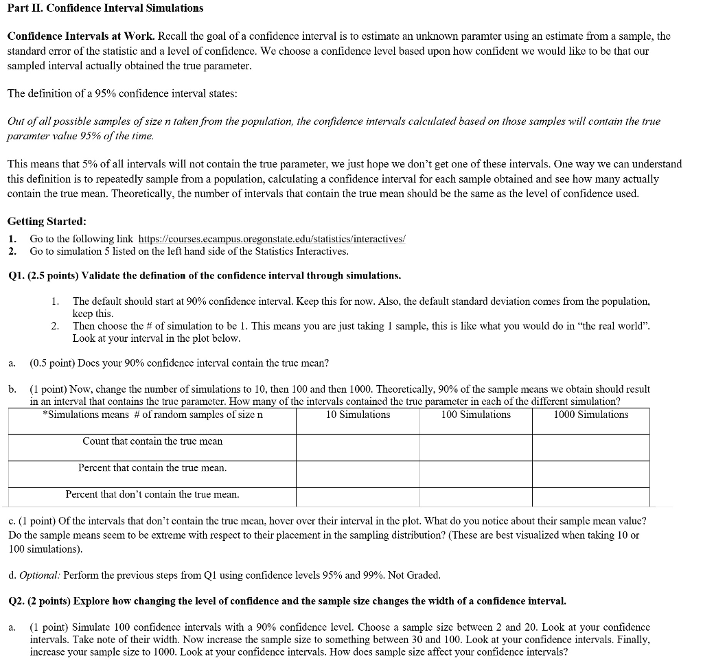 Solved Part II. Confidence Interval Simulations Confīdence | Chegg.com