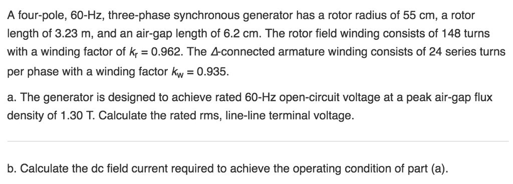 Solved A four-pole, 60-Hz, three-phase synchronous generator | Chegg.com