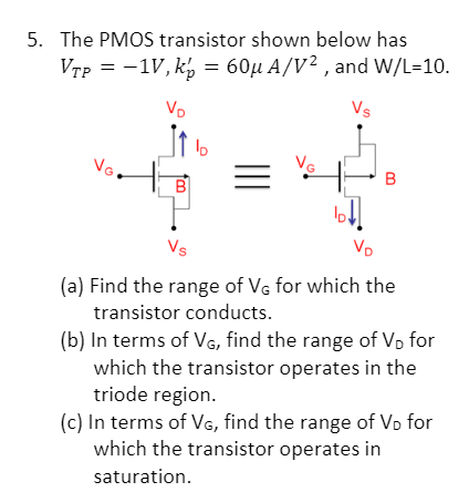 Solved The PMOS transistor shown below has V_TP = -1V, k'_p | Chegg.com