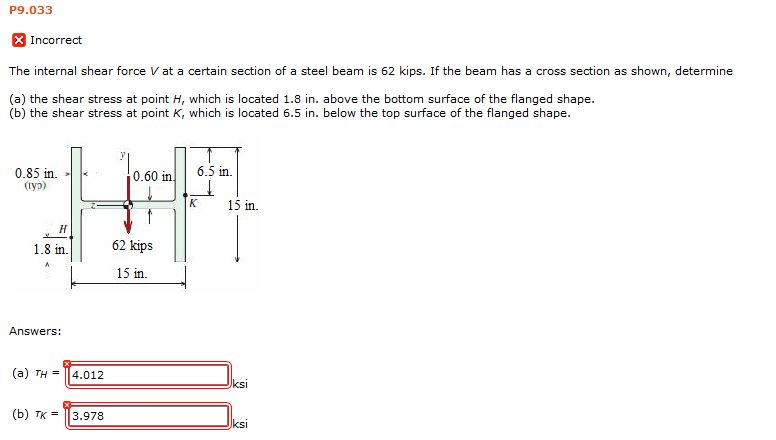 Solved P9.033 Incorrect The internal shear force V at a | Chegg.com