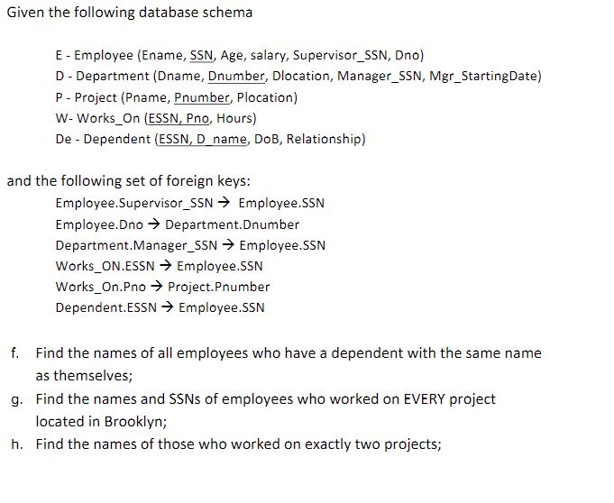 Solved Given the following database schema E - Employee | Chegg.com
