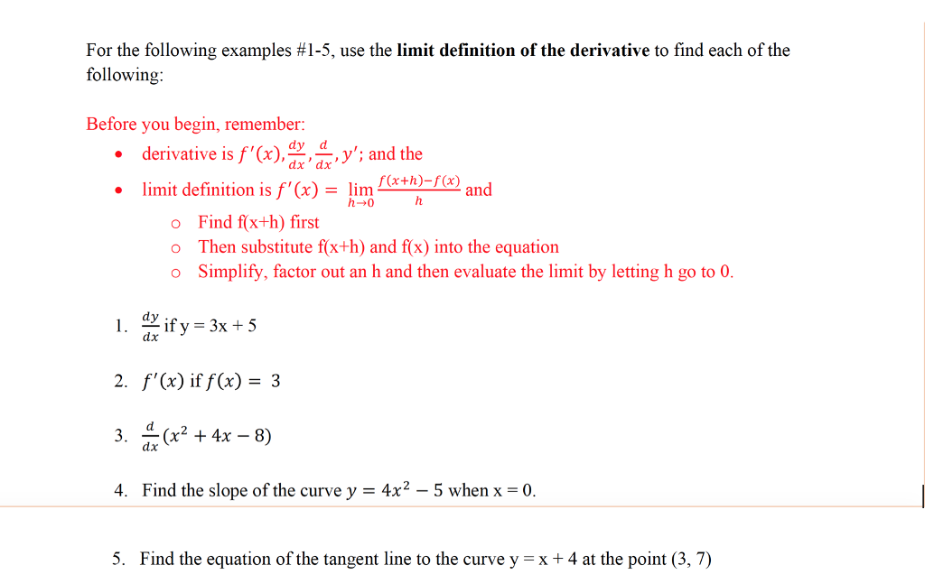 Solved For the following examples #1-5, use the limit | Chegg.com