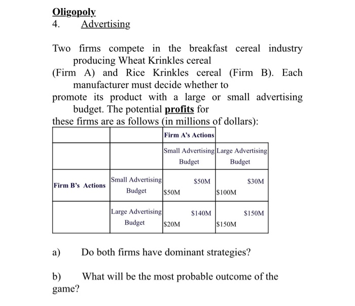 Solved Oligopoly 4. Advertising Two firms compete in the