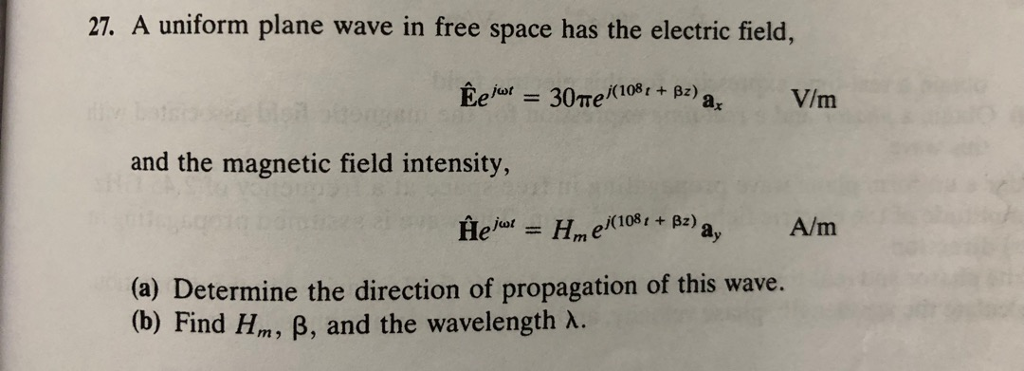 Solved 27. A uniform plane wave in free space has the | Chegg.com
