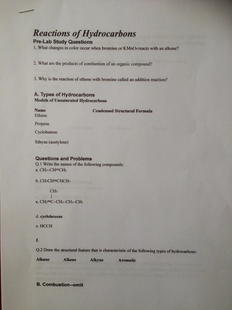Solved Reactions Of Hydrocarbons Pre-Lab Study Questions 1. | Chegg.com