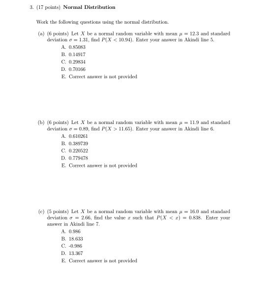 Solved 3. (17 points) Normal Distribution Work the following | Chegg.com