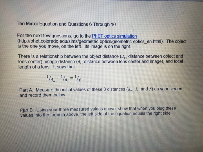 Solved: The Mirror Equation And Questions 6 Through 10 For... | Chegg.com