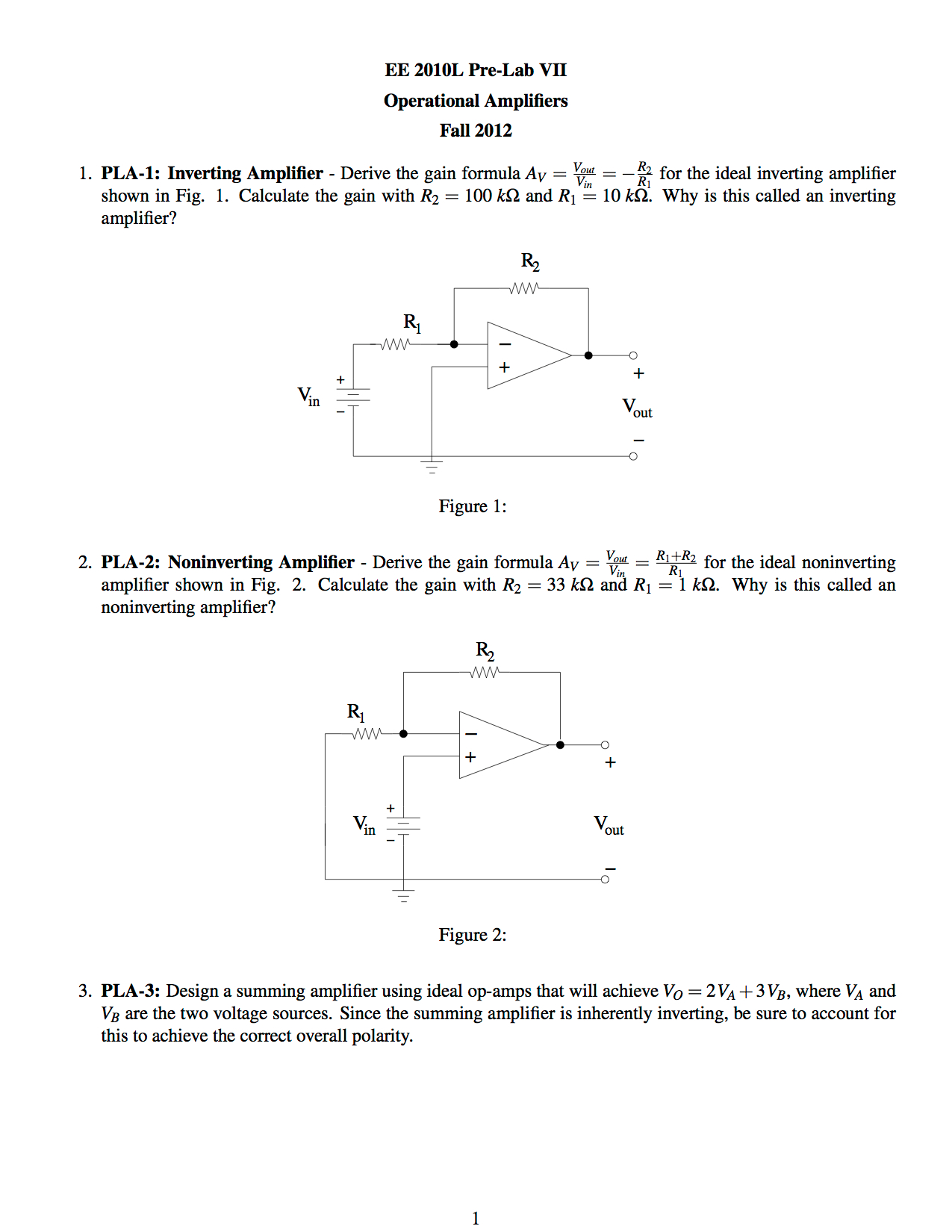 Solved Pla 1 Inverting Amplifier Derive The Gain Formula 