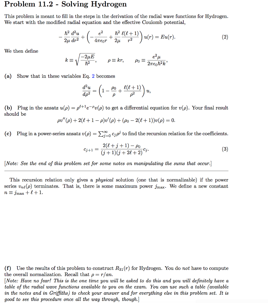 Solved Problem 11.2 - Solving Hydrogern This problem is | Chegg.com