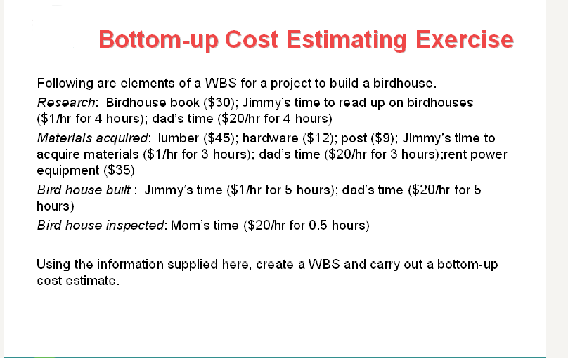 Solved Bottomup Cost Estimating Exercise Following are