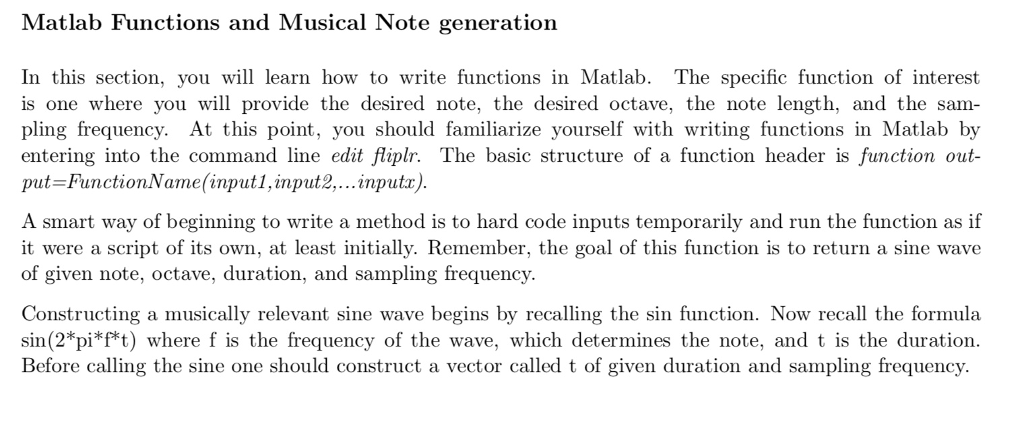 Matlab Functions and Musical Note generation In this | Chegg.com