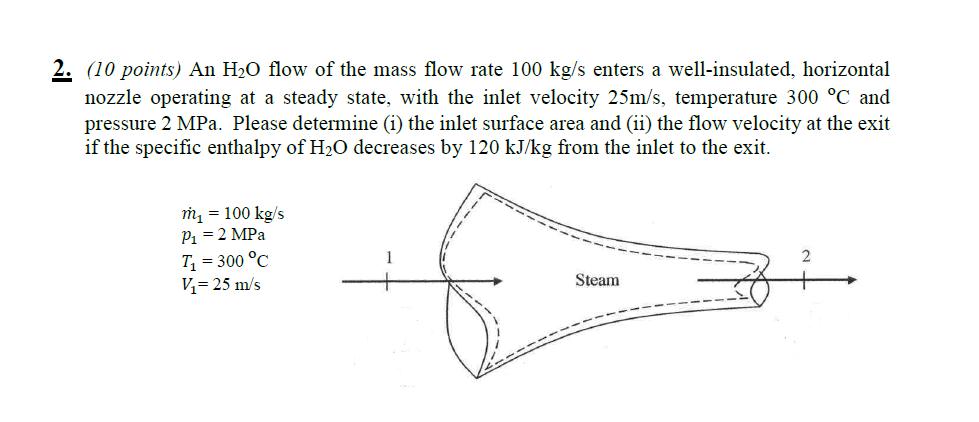 Solved 2. 10 points) An H20 flow of the mass flow rate 100 | Chegg.com