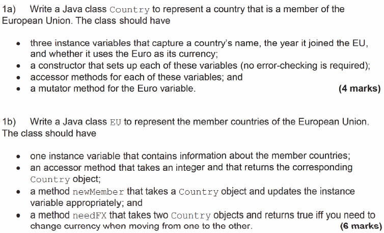 Solved 1a) Write a Java class Country to represent a country | Chegg.com