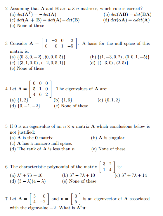 Solved 2 Assuming That A And B Are N × N Matrices, Which | Chegg.com