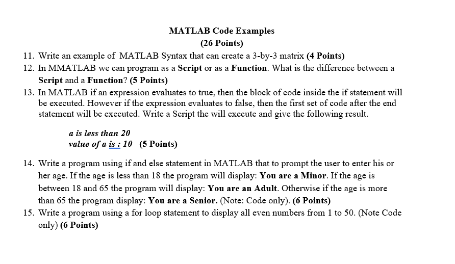 Solved MATLAB Code Examples (26 Points) 11. Write an example | Chegg.com