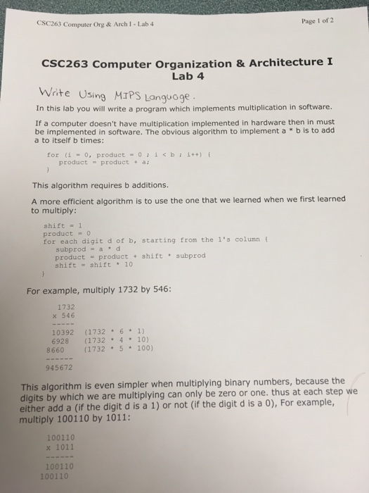 Solved Page 1 of 2 CSC263 Computer org & Arch I-Lab 4 Csc263 | Chegg.com